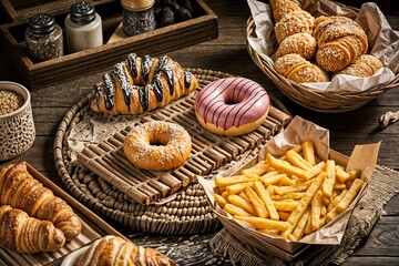 appetizing arrangement of popular fast food and bakery items displayed on a rustic wooden surface with burlap textile elements