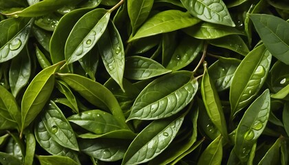 A dynamic overhead shot of fresh green tea leaves, slightly curled, with a dewdrop-fresh appearance and vibrant earthy tones.