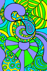 a trippy pattern inspired by the 1960's. using spring and summer colours like green, yellow and blue