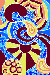a trippy pattern inspired by the 1960's. with the colours blue purple and yellow surrounded in a white outline