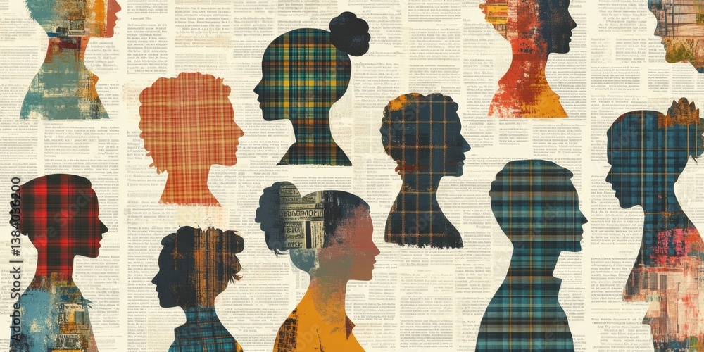 Poster pattern with colorful silhouettes of people in profile, their faces made from abstract shapes and pa