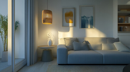 Bright and cozy modern living room interior have sofa and lamp with white wall background.3D Rendering 