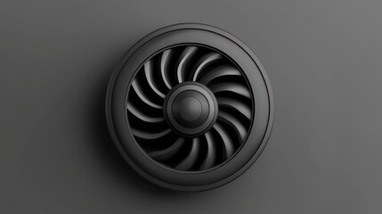 Black turbine fan, engineering design, dark background, industrial technology