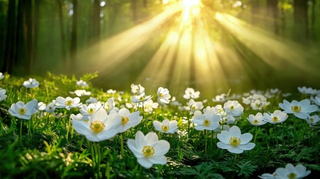 Beautiful white flowers of anemones in spring in a forest close-up in sunlight in nature. Spring forest landscape with flowering primroses. - Powered by Adobe