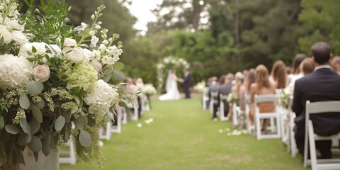 Outdoor wedding ceremony setup with white chairs