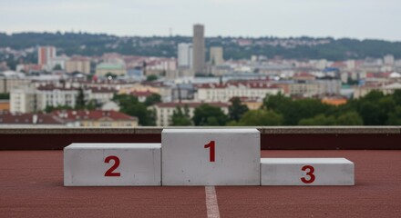 Empty Sports Podium for Winners with City Skyline Background – Symbol of Victory, Ranking, and Athletic Achievement