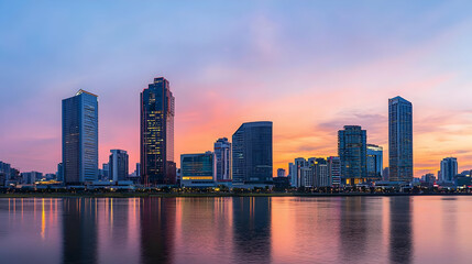 City Skyline At Sunset Over River