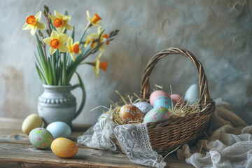 Vintage Easter Still Life with Painted Eggs and Spring Flowers on Rustic Wooden Table