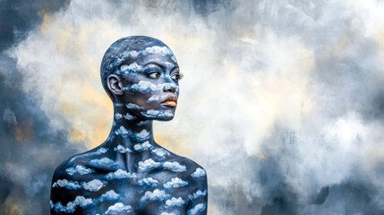Model showcasing creative cloud body painting against stormy background