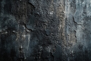 Fototapeta premium Dark, textured wall with cracks and peeling paint, showing age and decay.