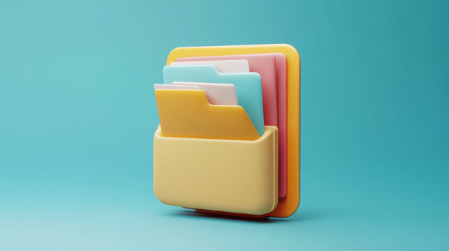 A collection of vibrant file folders in yellow, pink, and blue is organized in a cheery holder against a smooth blue backdrop, ideal for enhancing workspaces or studying