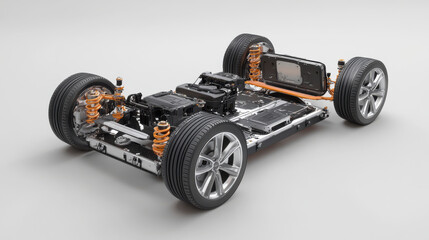 Chassis of an electric vehicle is shown with exposed battery system and suspension components highlighting the engineering design features. The view showcases intricacies focused on performance