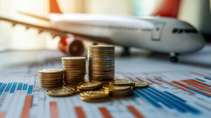 Stacks of golden coins are arranged in front of a model airplane, symbolizing financial discussions about travel expenses and budget planning in a modern office environment