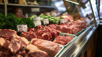 A butcher shop showcases a variety of fresh meat cuts neatly arranged in display cases. Lush greens in the background enhance the vibrant freshness of the products