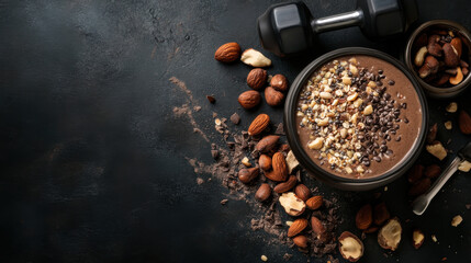 A nutritious smoothie bowl made with chocolate and topped with an assortment of nuts sits beside a dumbbell. This setup promotes a healthy lifestyle and fitness routine