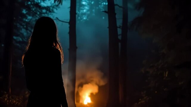 Lonely girl standing by bonfire in mysterious forest filled with smoke and soft glowing light

