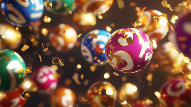 Lottery balls 3d vector bingo, lotto or keno gambling games. Gaming leisure activity recreation, lottery raffle, colourful spheres with lucky numbers of winning combination falling with gold confetti.