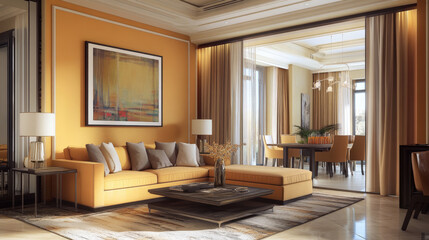 Fototapeta premium Bright and cozy modern living room interior have sofa and lamp with yellow wall background. 3d rendering