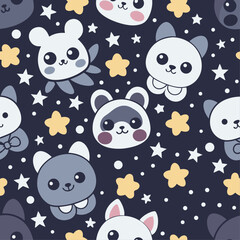 Cute Cartoon Animal Faces Seamless Pattern with Stars on Dark Blue