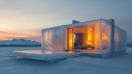 Fototapeta premium Surreal transparent ice block Arctic house with glowing interiors thermal insulated crystalline structures frost covered geometric facades and a stunning polar wilderness backdrop
