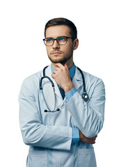 Fototapeta premium A thoughtful male doctor stands against a plain white background. 