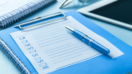 Clipboard vector illustration of a to-do list with pen. Page of work performed, preparation of the questionnaire, filling out documents. Organizer. Blue notebook, tablet. Check mark. Eps 10