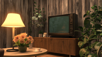 TV on cabinet in modern living room with lamp,table,flower and plant on wooden wall background,3d rendering