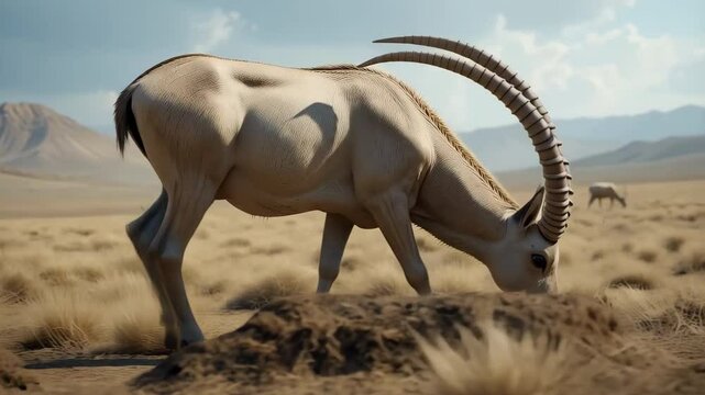 Majestic Scimitar Oryx Grazing in Serene Desert Landscape