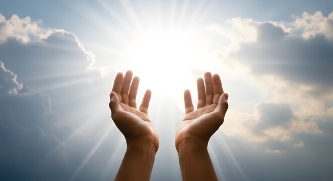 Reaching towards the sky, hands outstretched to receive light and hope, with a backdrop of billowing clouds and heavenly sunbeams.