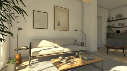 Modern living room with sofa and decor accessories with white color wall- 3D rendering