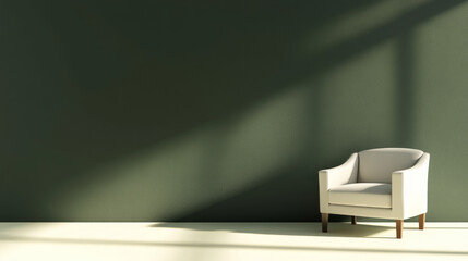 Light room with sofa and armchair on empty dark green wall background.3d rendering