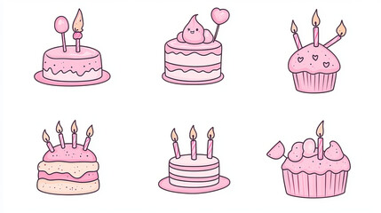 3D Birthday cake icon set with candles and decorations. Pink cake emoji. Party surprise. Holiday food. Pastel color. Cartoon creative design icons isolated on white background. 3D Rendering