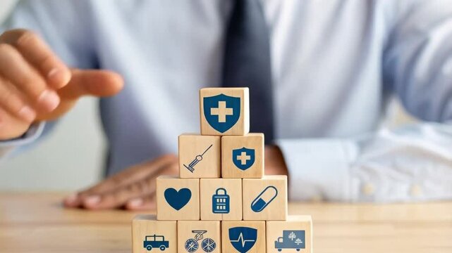 Man stacking wooden blocks with health and safety icons on a wooden surface in a well lit setting