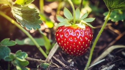 Fresh Red Strawberry Growing on a Plant in Organic Garden Soil