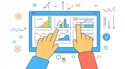 Business analysis. Consultant thinking of management strategy. Closeup of analyst's hands pointing at graph of many reports.
