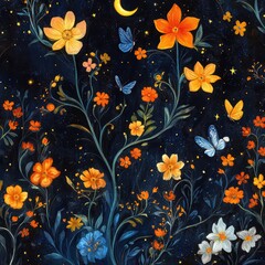 Vibrant Floral Design with Butterflies and Moonlight in Dark Background