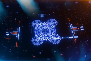 Gears icon on a digital display with reflection. Concept of business process workflow optimization and automation, digital transformation, robotic process automation and flowing process management.
