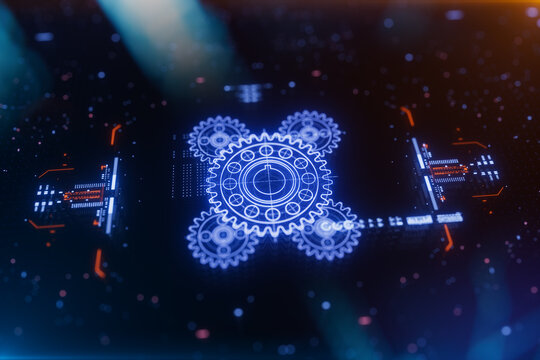 Gears icon on a digital display with reflection. Concept of business process workflow optimization and automation, digital transformation, robotic process automation and flowing process management.