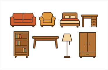 Cozy home furniture icons set in style featuring sofas, bed, desk, and more. Vector icons