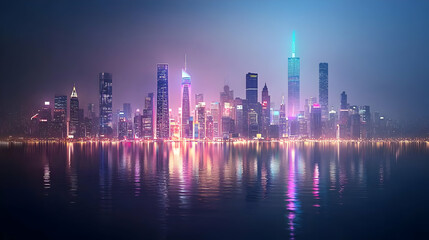 Fototapeta premium Vibrant Night City Skyline With Reflections