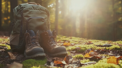 A pair of sturdy hiking boots sits beside a green backpack on moss-covered ground. Sunlight streams through trees, illuminating fallen autumn leaves