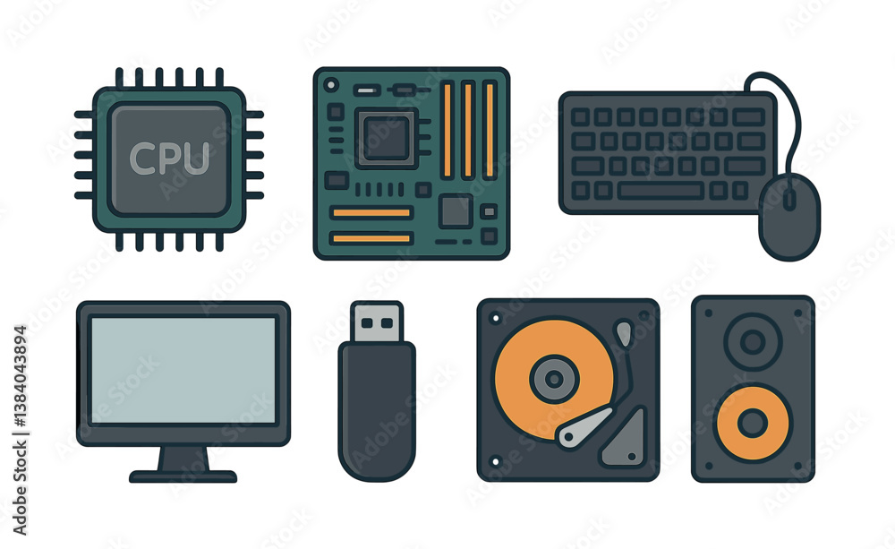 Poster essential computer hardware icons collection in style. vector icons