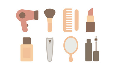 Essential beauty tools: of hair and makeup accessories for daily use. Vector icons