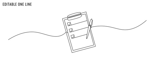 One continuous line drawing of clipboard with checklist. Text, report, exam, to do list concept. Editable stroke, vector illustration