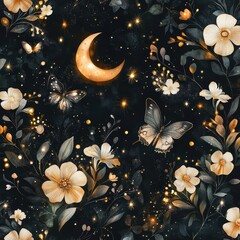 Dreamy Floral Design with Moon and Butterfly in Dark Background