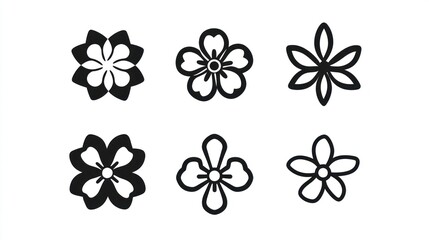 Six simple black flower icons, white background, design elements