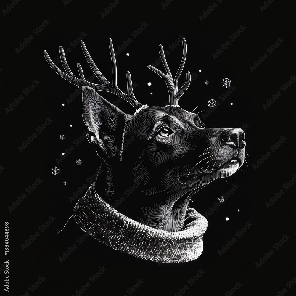 Poster Minimalistic Dog Design With Reindeer Antlers and Festive Elements for Modern Branding Generative AI