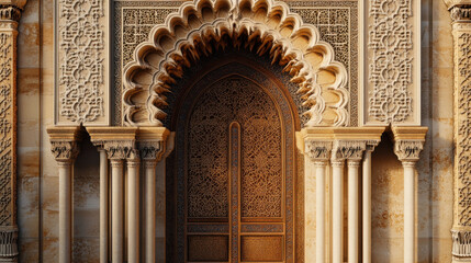 Obraz premium Stunning entrance of a mosque featuring intricate carvings and ornate arches. The detailed woodwork and stone columns reflect the craftsmanship of traditional architecture