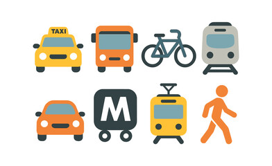 Urban transport icons: taxi, bus, bicycle, train, car, metro, tram, pedestrian. Vector icons
