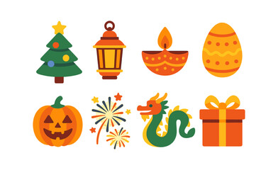 Fototapeta premium Festive icons collection: holiday, celebrations, and traditions in vibrant design. Vector icons